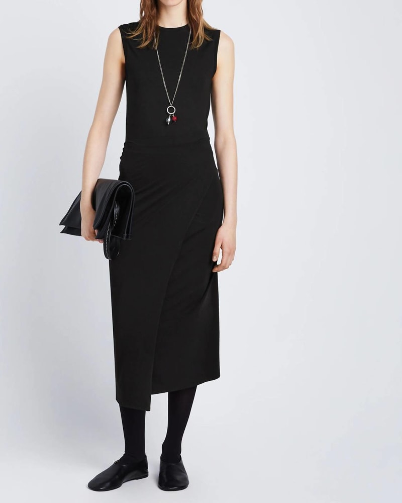 Front of a model wearing a size l T Shirt Wrap Dres In Black in Black by Proenza Schouler. | dia_product_style_image_id:344791